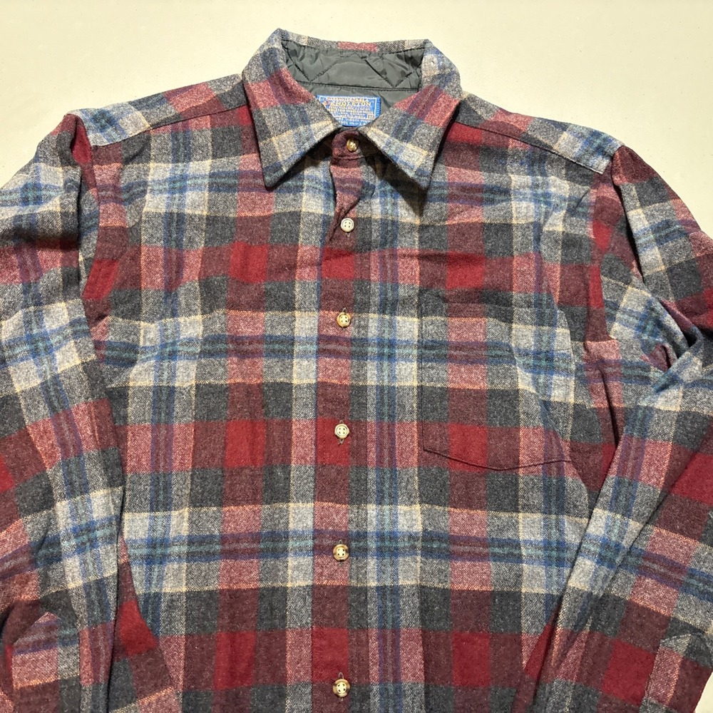 Vintage Pendleton Board Shirt Men's M Red Grey Plaid 100% Virgin Wool USA Made